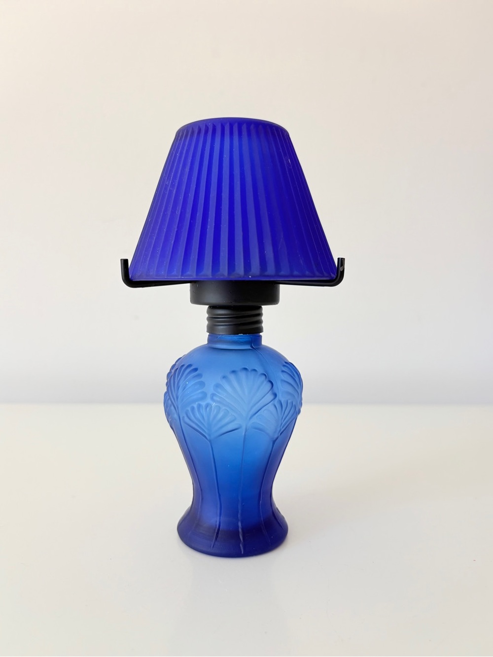 Vintage 90s Frosted Cobalt Satin Glass Tea Light Candle Lamp Blue Fairy Light